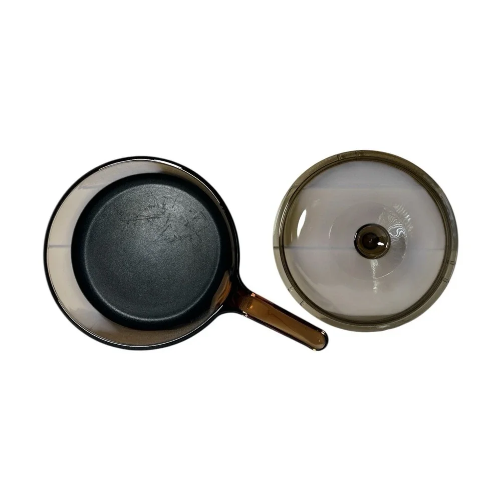 Vision Corning France Amber Glass Non-Stick Frying Pan Skillet w Lid 10